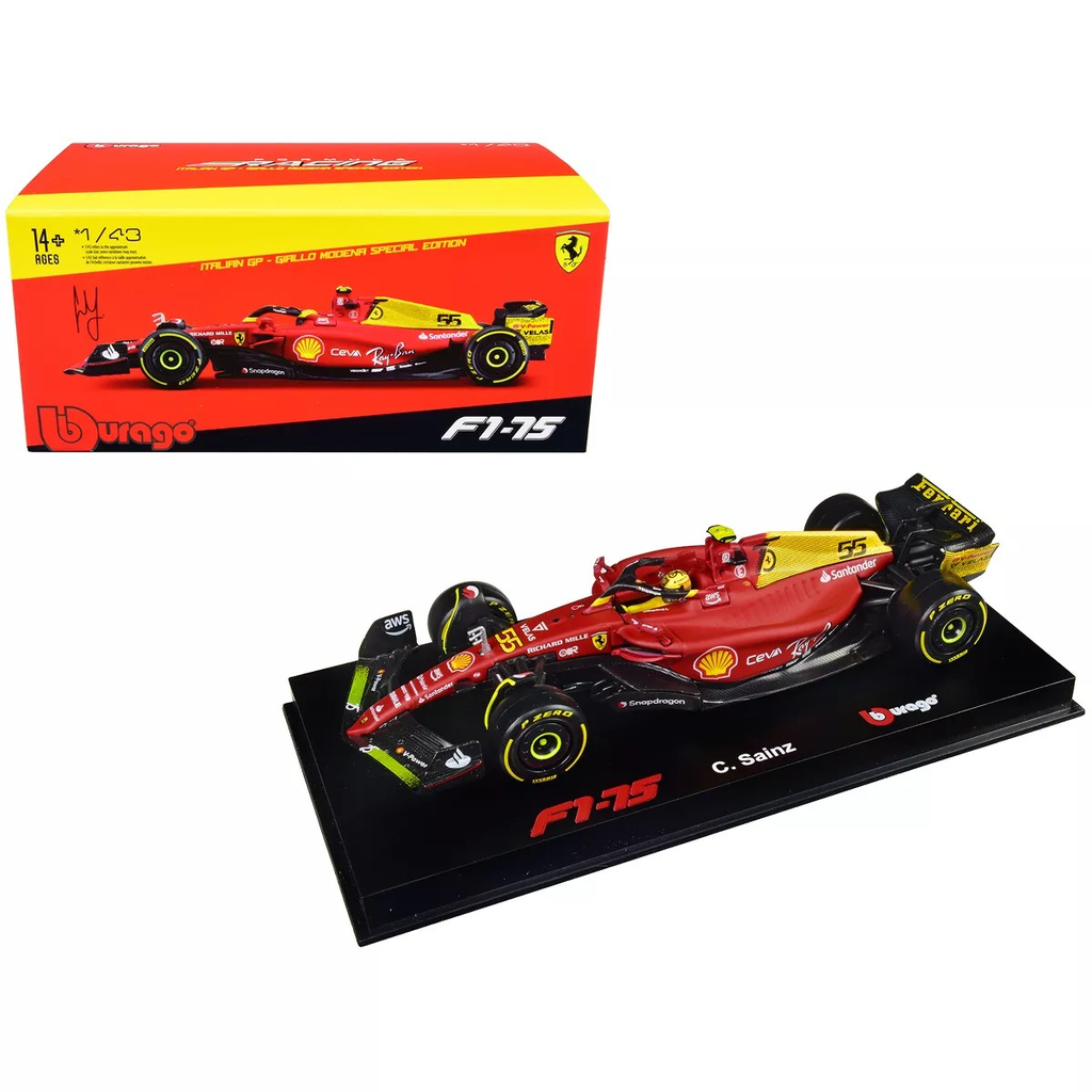 Burago 1:43 Ferrari F1-75 #55 Carlos Sainz "Giallo Modena" F1 Italian GP (2022)