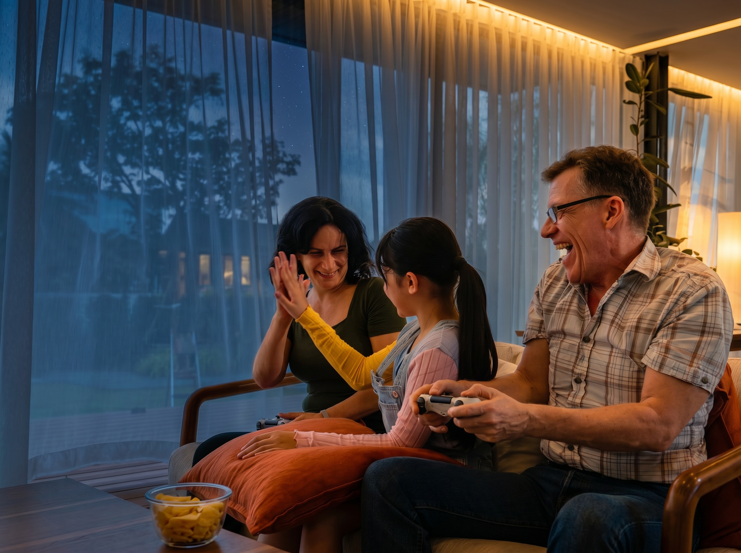 Family enjoying a fun game night together at home with MyToyShop games.